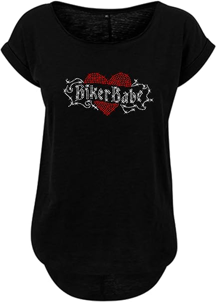 Damen Biker Babe Motorrad T-Shirt mit Strass Herz Rot