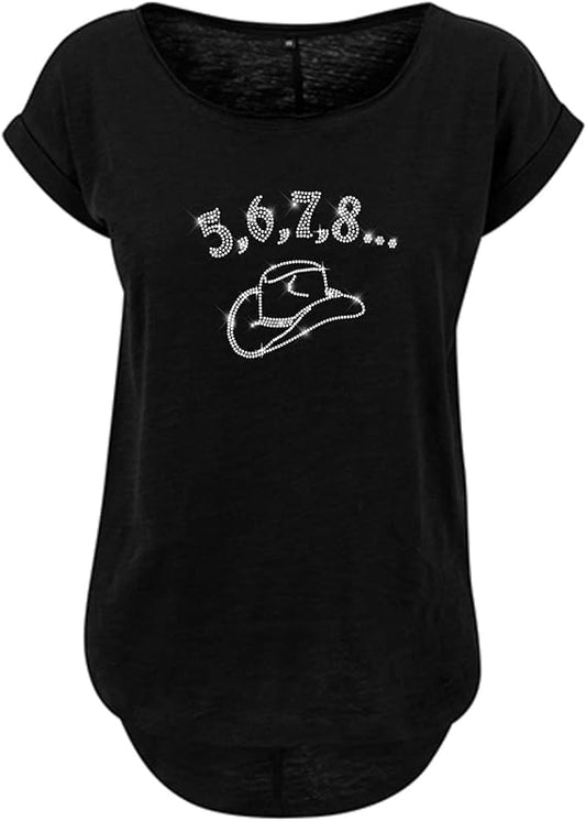 5 6 7 8 Line Dance Damen T-Shirt mit Glitzer Strass