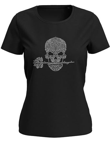 Schwarzes Damen T-Shirt mit Silber Strass Totenkopf und Kristall Rose
