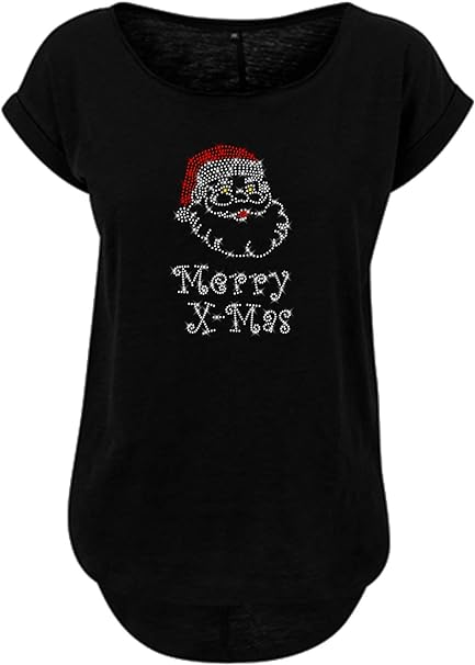 Merry X-Mass Weihnachtsman Damen Weihnachts T-Shirt mit Strass