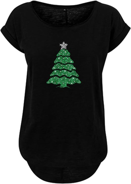 Damen Weihnachtsshirt mit Glitzer Tannenbaum in Grün