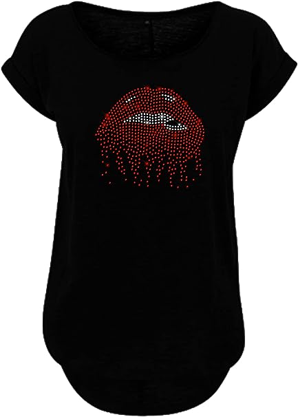 Blingeling® Kiss Red - Gothic Kussmund Damen T-Shirt mit Strass Rot