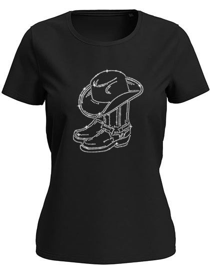 LUXUS Line Dance Damen T-Shirt mit Strass Cowboystiefel-Design