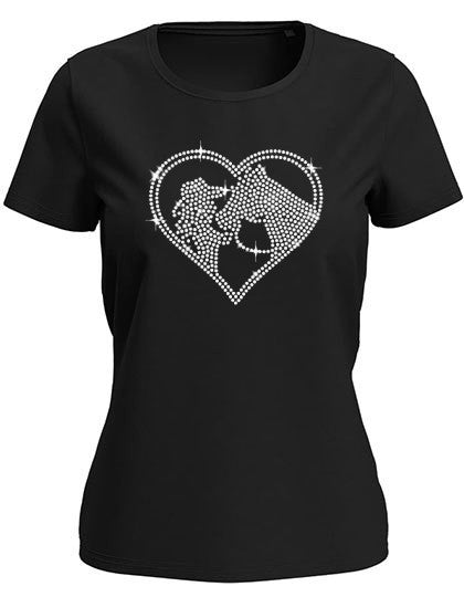 Blingeling® LUX Damen T-Shirt mit Silber Strass Reiterin Pferd und Herz - Pferde-Geschenk-Pferdeliebhaber