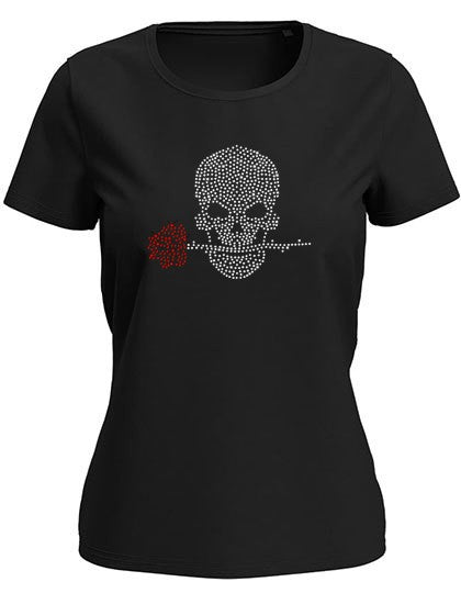 Blingeling® Model-LUX Damen T-Shirt mit Strass Totenkopf & Kristall Rose