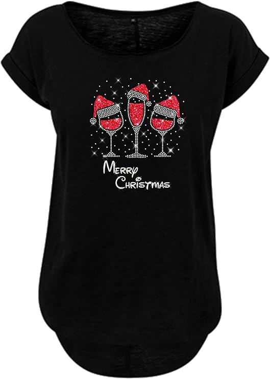 Merry Christmas Blingeling® Damen Weihnachtsshirt mit Glitzer Strass Weinglas