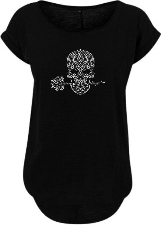 Totenkopf Damen T-Shirt mit Strass Kristall Rose