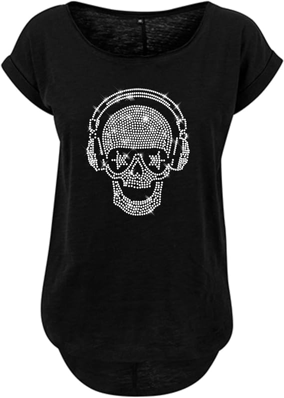 DJ Totenkopf Damen Strass T-Shirt mit Musik Kopfhörer Design