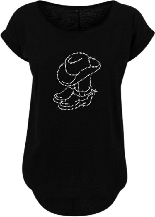 Line Dance Damen T-Shirt mit Strass Sporen-Stiefel Motiv