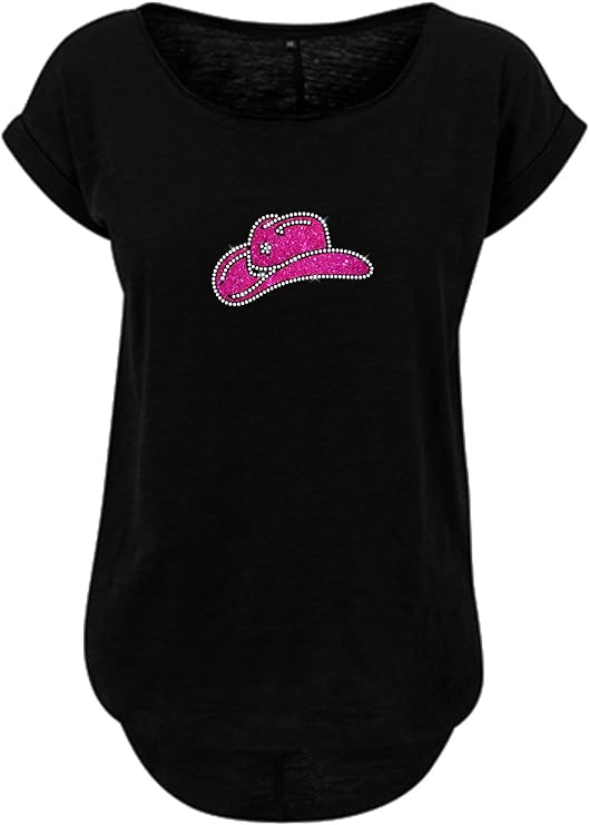 Line Dance Damen Strass T-Shirt mit Glitzer Pink Cowboyhut Design