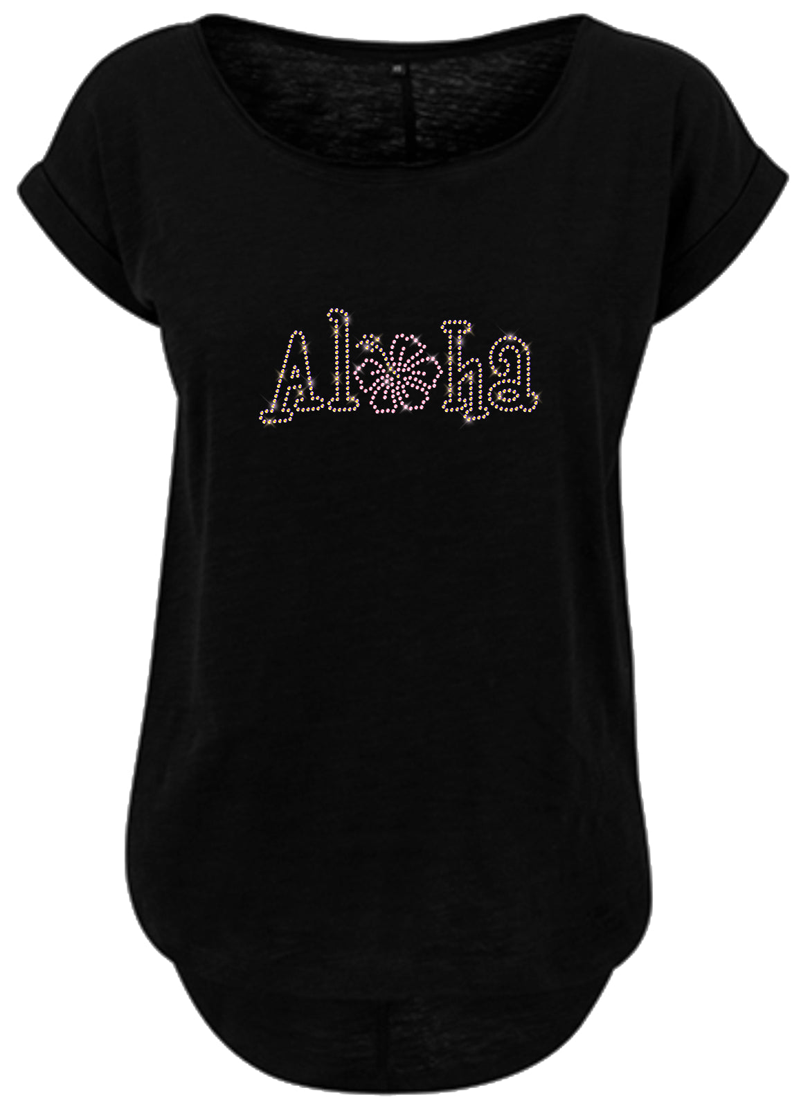 Blingeling®Shirts Damen T-Shirt   mit Aloha Schriftzug mit Hibiskusblüte in Regenbogen Strass und Rosa