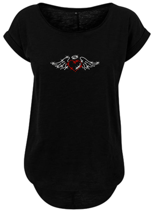 Blingeling®Shirts Damen T-Shirt   Herz mit Flügel und Heiligenschein Engel Strass Kristall mit Rot