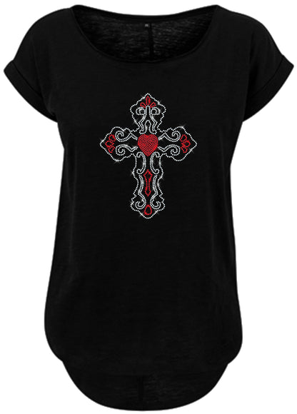 Blingeling®Shirts Damen T-Shirt  Damen T-Shirt Gothic  Kreuz mit großem roten Herz