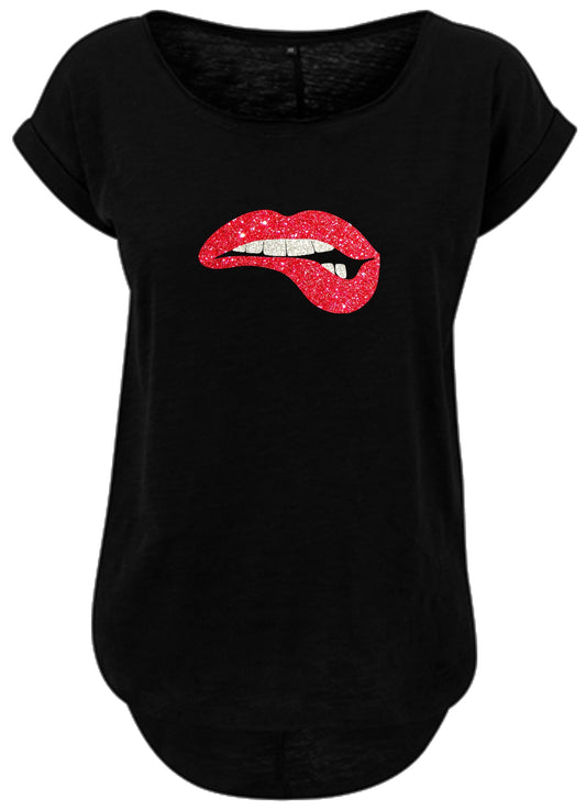 Blingeling®Shirts Damen T-Shirt   Glitzer Party  Kussmund rot sexy Lips Bite