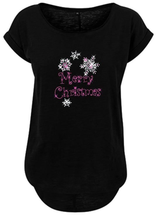 Damen Weihnachtsshirt mit Merry Christmas Schriftzug und Schneeflocken in Strass Pink und Kristall