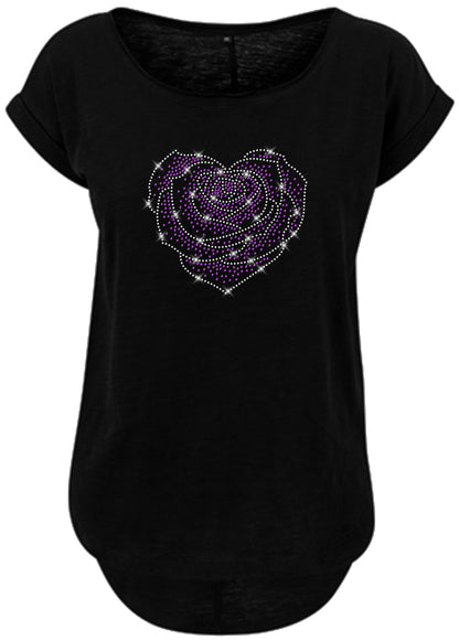 Blingeling®Shirts Damen T-Shirt   Herz mit Rose Kristall und Lila Rosenherz Blumen Rose