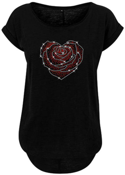 Blingeling®Shirts Damen T-Shirt   Herz mit Rose Kristall und rotes Rosenherz Blumen Rose