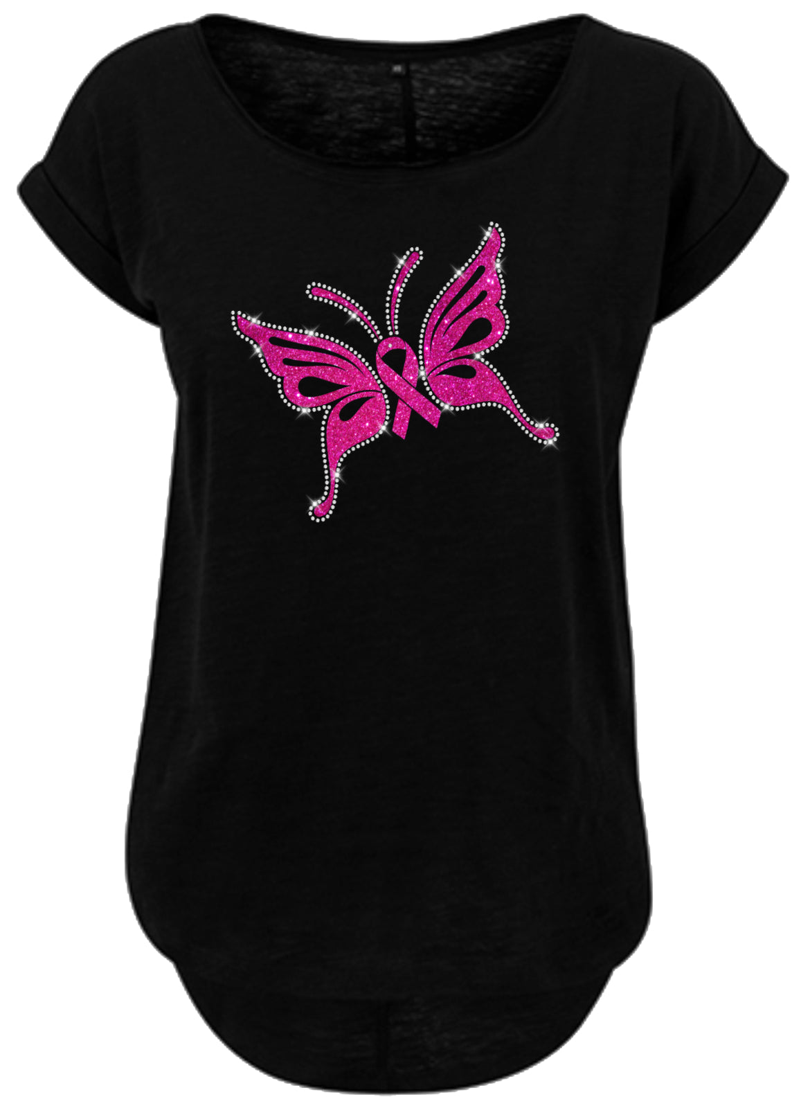 Blingeling®Shirts Damen T-Shirt mit Schmetterling in Pink Glitzer und Strass Umrandung
