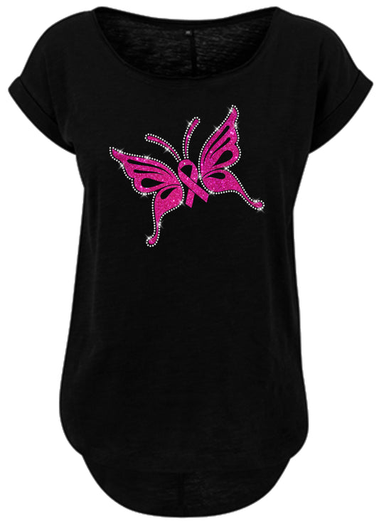 Pink Butterfly Damen T-Shirt mit Glitzer Strass Schmetterling