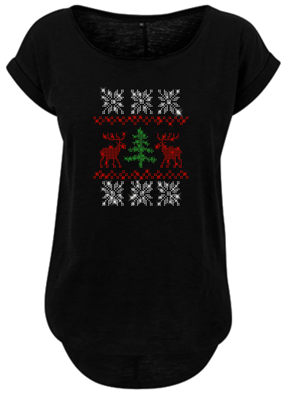 Blingeling®Shirts Damen T-Shirt  Damen T-Shirt  Weihnachten Design aus Strass mit Schneeflocken und Rentier