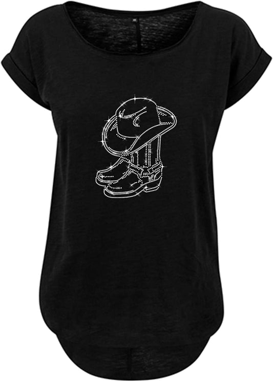 Blingeling® Line Dance Damen Strass T-Shirt mit Cowboyhut & Stiefel Motiv