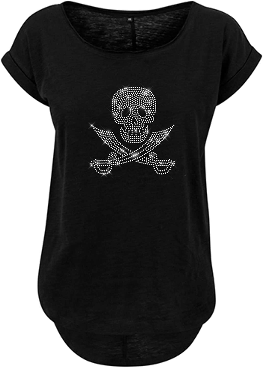 Blingeling®Damen T-Shirt Totenkopf mit gekreuzten Piraten Säbeln in Kristall Strass
