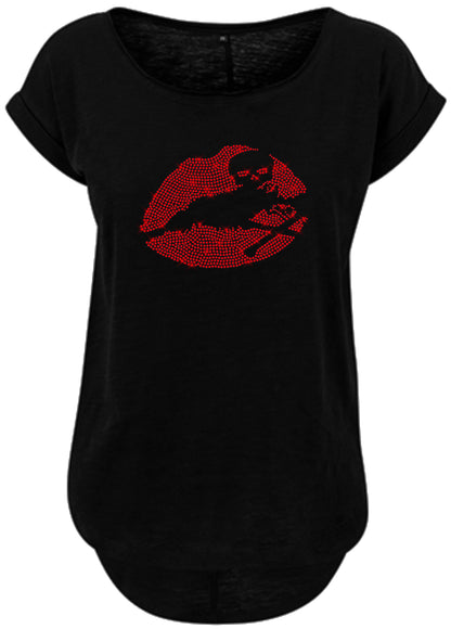 Blingeling®Shirts Damen T-Shirt   Mund mit Totenkopf Kussmund Skull Lips in Strass Rot