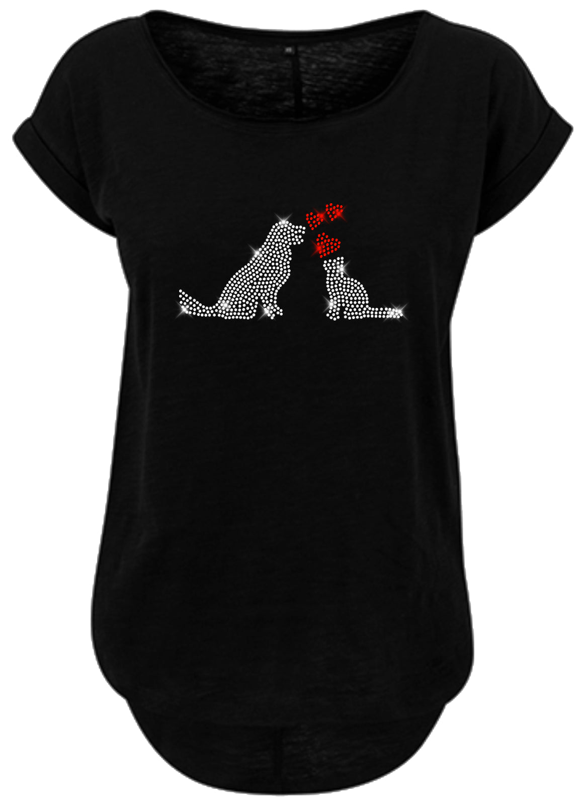 Blingeling®Shirts Damen T-Shirt   mit Hund und Katze in Kristall Strass mit roten Herzen