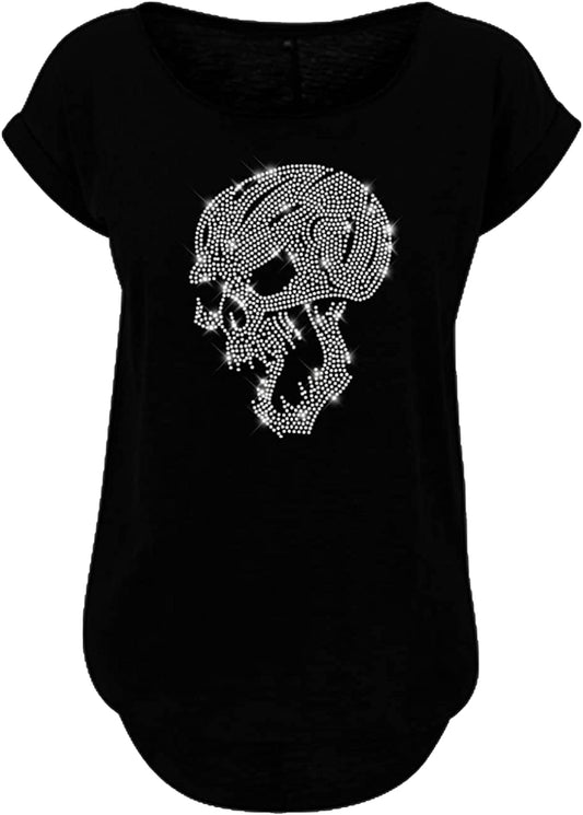 Blingeling®Damen T-Shirt großer XL Totenkopf seitlich in Strass Kristall