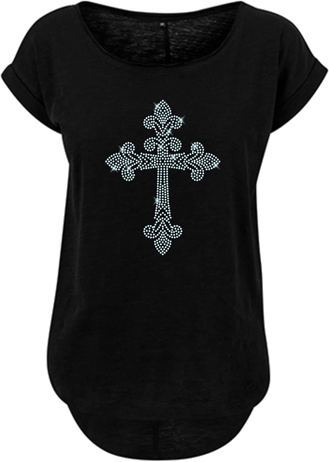 Blingeling®Damen T-Shirt mit hellblauem Strass Kreuz-Motiv