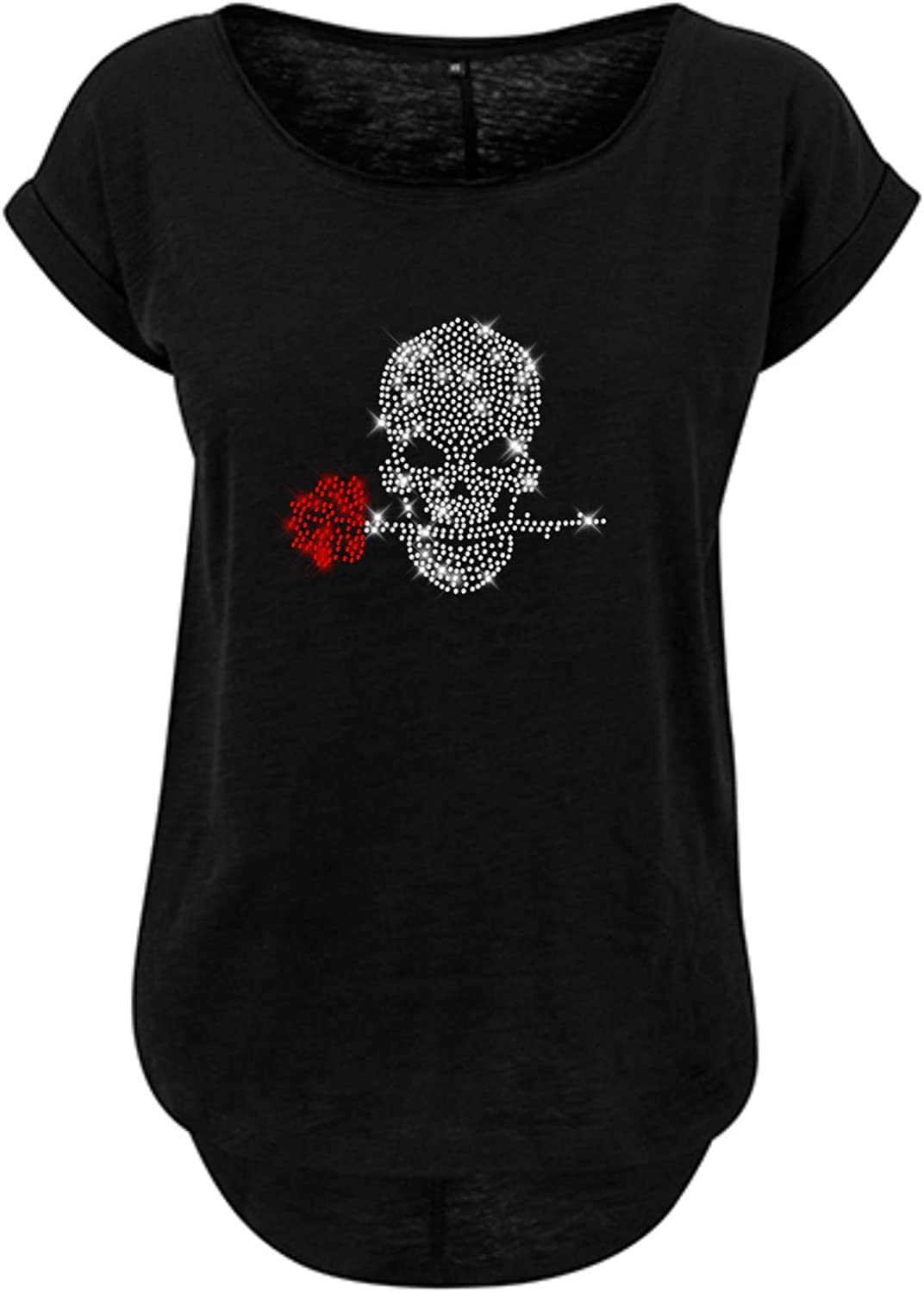 Blingeling® Totenkopf Damen Strass T-Shirt mit roter Rose